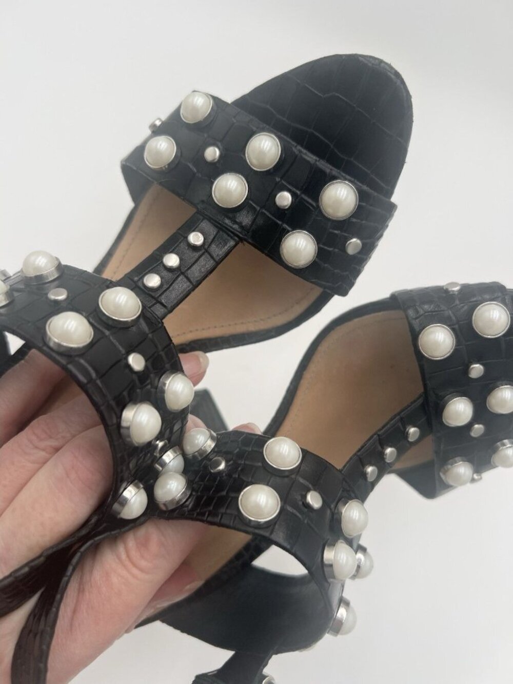 Schutz Zarita Sandals 8B Black Croc Embossed Leather Pearl Stud Slingback Heels - Picture 15 of 15